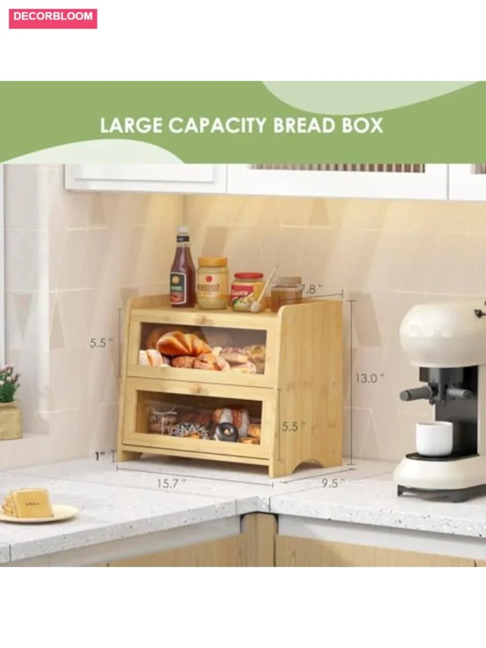 Double Layer Bamboo Bread Box with Acrylic Window for Kitchen Counter